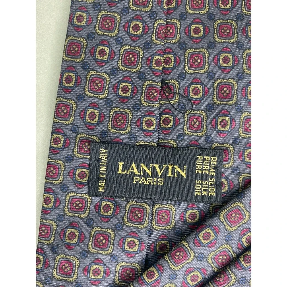 Lanvin Mens‎ Silk Tie Grey Burgundy Geometric Medallion Italy Luxury 59x3.5